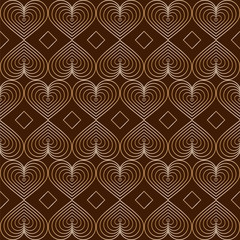 Seamless modern pattern. In vintage art deco style. Trend 2020. Isolated gradient lines of heart beige elements on brown background. For backgrounds, fills, packaging, wallpaper design, print etc.