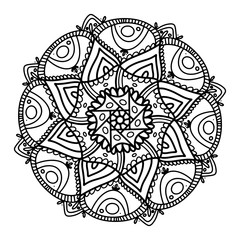 Mandala freehand contour doodle digital art. Print for fabrics, coloring books for adults and children, wrapping paper, banners, posters, cards, advertising, covers, web design, invitation cards.