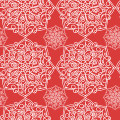 Digital art doodle seamless contour mandala seamless pattern on red background. Print for fabrics, wrapping paper, banners, posters, cards, advertising, covers, web design, invitation cards.