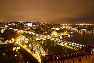 Night View of cityscape of Porto, Portugal over Dom Luis I Bridge and Douro River