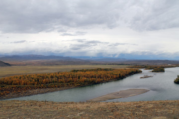 Yenisey River. Beautiful Siberian rivers and blue sky