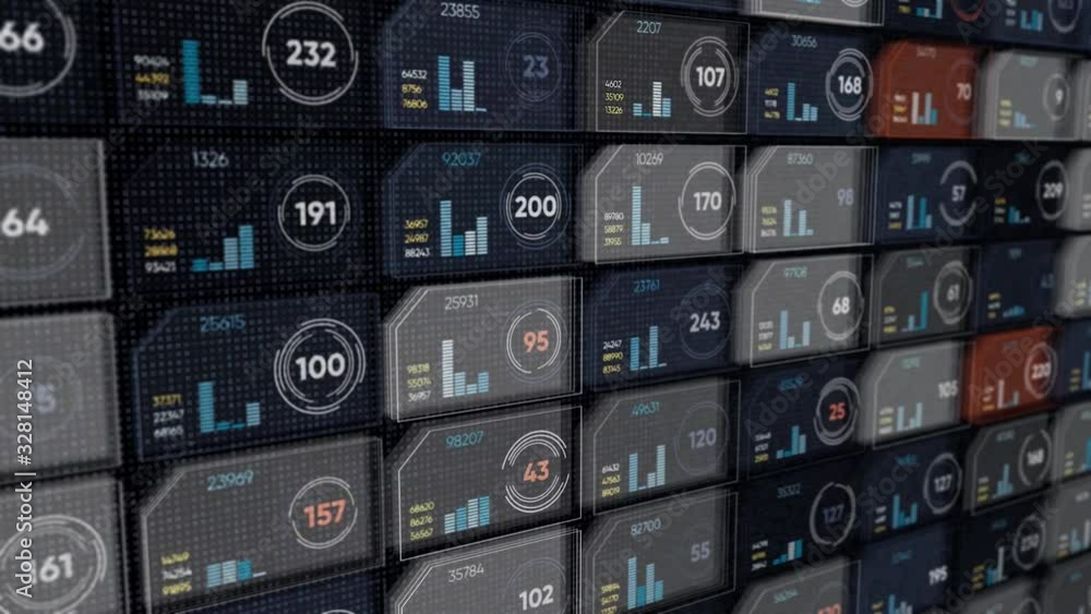 Poster digital display with colorful rows of small same size microchips with numbers and moving lines on bl