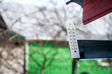 a thermometer in a gutter on the roof, the concept of global warming