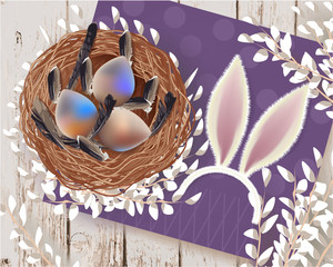 Easter banner, Greeting Card with Easter Eggs, feathers in the nest, ears of a rabbit, willow, napkin, cookie on a wooden table
