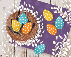 Easter banner, Greeting Card with Easter Eggs, feathers in the nest, willow, napkin on a wooden table