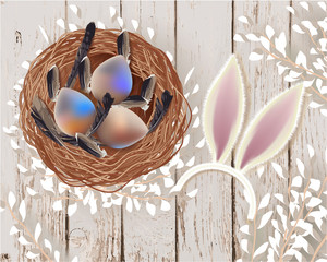 Easter Greetings banner, Greeting Card with Easter Eggs, feathers in the nest, ears of a rabbit, willow on a wooden table