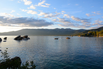 Incline Village, Nevada, USA - 8/22/2019: Beautiful sunset in Sand Harbor on Tahoe Lake