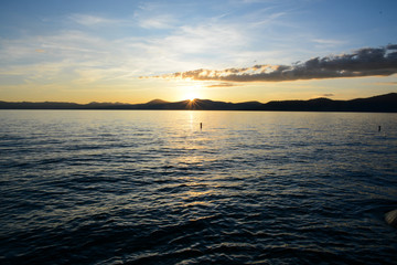 Incline Village, Nevada, USA - 8/22/2019: Beautiful sunset in Sand Harbor on Tahoe Lake