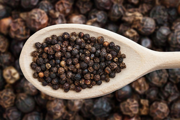 Black pepper background. Peppercorn texture. Food ingredient spices pattern. Shallow depth of field wooden spoon isolated.