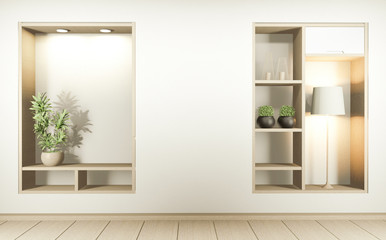 Shelf wall room zen style and decoraion wooden design, earth tone.3D rendering
