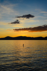 Incline Village, Nevada, USA - 8/22/2019: Beautiful sunset in Sand Harbor on Tahoe Lake