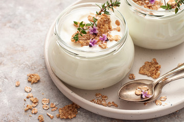 Natural homemade organic yogurt with granola and oatmeal in glass jars