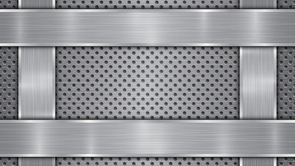 Background in silver and gray colors, consisting of a perforated metallic surface with holes and vertical and horizontal polished plates located on four sides, with a metal texture and shiny edges