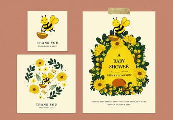 Baby Shower Layout Set with Beehive and Floral Illustrations