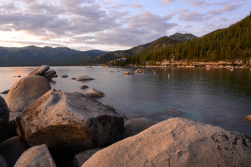 Incline Village, Nevada, USA - 8/22/2019: Beautiful sunset in Sand Harbor on Tahoe Lake