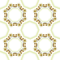 Seamless Vector round elegant spring floral frame with flowers calendula and aerusalem artichoke. Greeting card, blank for banner background with place for text. Hand-drawn doodle style cartoon.