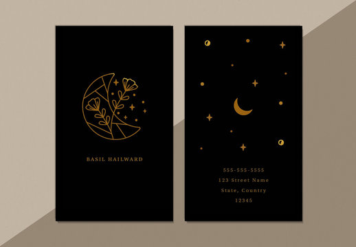 Business Card Layout with Line Art Moon and Star Illustrations