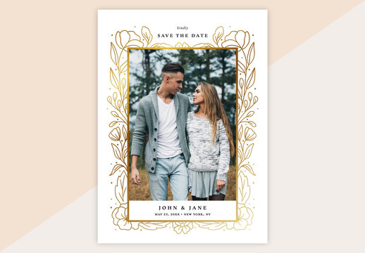 Save the Date Invitation Layout with Gold Floral Illustrations
