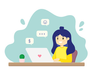Girl sitting at a table with a laptop. Vector illustration in a flat style. Social media icons. Happy character. Work on the Internet, sales, social networks, freelance. Successful workflow.