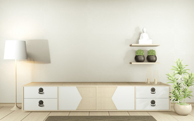 Tv cabinet in modern empty room Japanese - zen style,minimal designs. 3D rendering