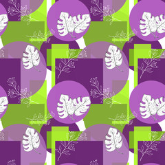 Abstract pattern of their monochrome leaves and branches on a colored background of geometric shapes.