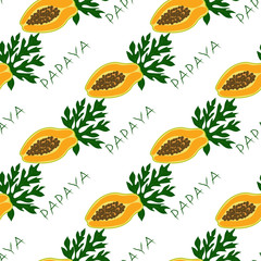 Seamless pattern with the fruits and leaves of the papaya on a white background. Vector hand drawn illustration.