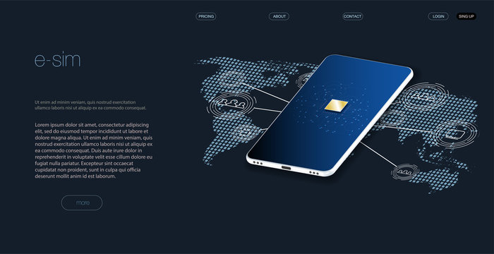 Embedded SIM concept. New mobile communication technology. Concept for mobile sim card technology and network. Futuristic projection esim card. vector illustration  5G Sim Card. Wireless cellphone.