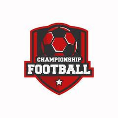 Football championship logo. Football logo with ball isolated on shield background. Trendy sport label, badge. Vector illustration