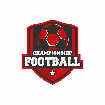 Football championship logo. Football logo with ball isolated on shield background. Trendy sport label, badge. Vector illustration