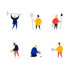 Farming, gardener, people with tools. Flat style vector illustration.