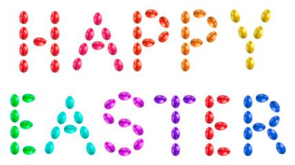 happy easter word from red eggs isolated on white background. holiday concept