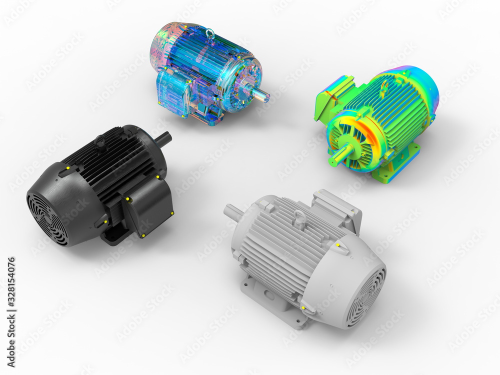 Poster 3d rendering - four different views of an electric engine