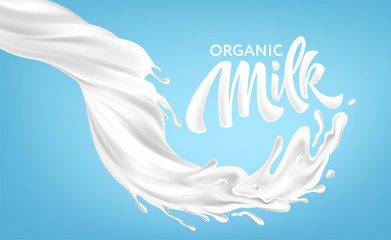 Obraz na płótnie Canvas Realistic splashes of milk on a blue background. Organic Milk Handwriting Lettering Calligraphy Lettering. Vector illustration