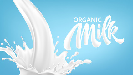 Fototapeta na wymiar Realistic splashes of milk on a blue background. Organic Milk Handwriting Lettering Calligraphy Lettering. Vector illustration