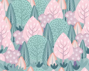 Foto op Plexiglas Lichtroze Hand getekende abstracte Scandinavische grafische illustratie naadloze patroon met bomen en struiken. Noords natuurlandschapsconcept. Perfect voor kinderstof, textiel, kinderkamerbehang.