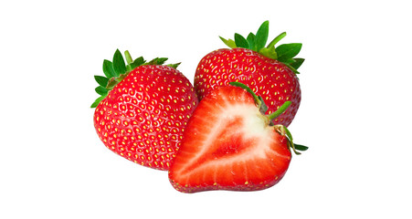 Isolated strawberries. Fresh fruits, one cut in half on white background