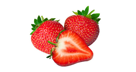 Isolated strawberries. Fresh fruits, one cut in half on white background