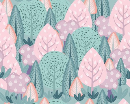 Fototapeta Hand drawn abstract scandinavian graphic illustration seamless pattern with trees and bush.  Nordic nature landscape concept. Perfect for kids fabric, textile, nursery wallpaper.