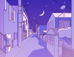 Naklejka premium Night asian street in residental area. Peaceful and calm alleyway. Japanese aesthetics illustration, vector landscape for t shirt print. Otaku and hipster fashion design. Violet sky with stars, wires