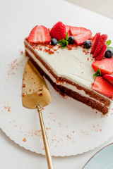 A beautiful piece of cake with berries with butter cream on a white background. Cake with red cakes.