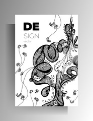 Cover design for book, magazine, catalog brochure. Black and white graphic elements are manually drawn. Vector 10 EPS.