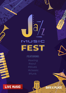 Jazz music fest flat color vector poster template