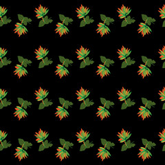Tropical Decoration-Flowers in Bloom seamless repeat pattern. Flowers and leaves lines pattern background in orange,green,yellow and black .Surface pattern design. for Fabric, scrapbook,wallpaper