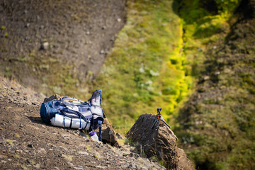 Hiking, camping equipment, backpacks lying on the ground