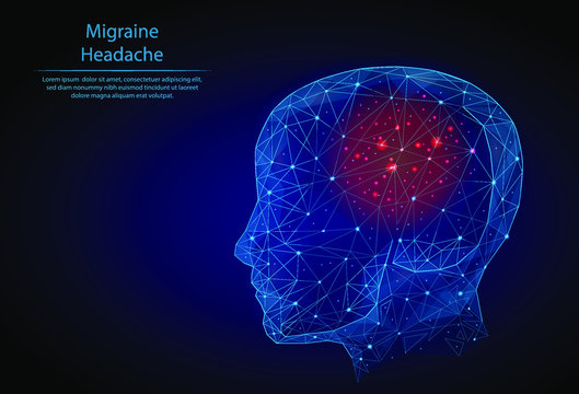 Abstract image Headache in the form of a starry sky or space, consisting of points, lines, and shapes in the form of planets, stars and the universe. 3D Low poly vector. Migraines.