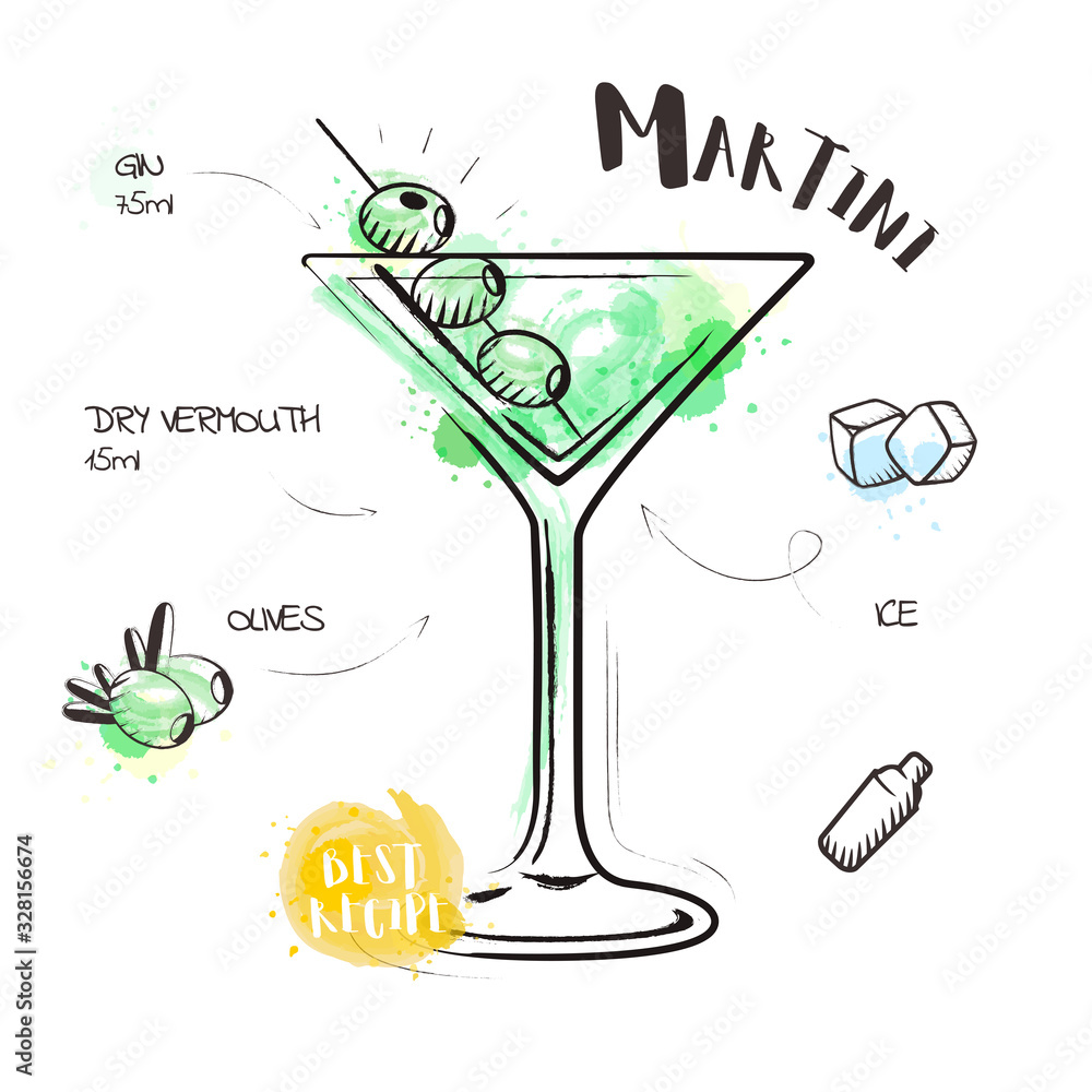 Wall mural Image of a cocktail and a set of ingredients for making a drink at the bar. Watercolor sketch on a white background. Hand drawn illustration