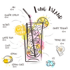 Image of a cocktail and a set of ingredients for making a drink at the bar. Watercolor sketch on a white background. Hand drawn illustration