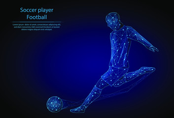 Abstract image Soccer player in the form of a starry sky or space, consisting of points, lines, and shapes in the form of planets, stars and the universe. 3D Low poly vector. Game of football. © Igor