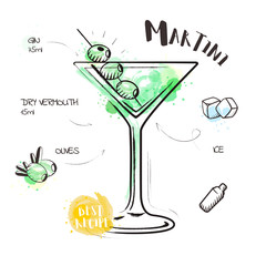 Image of a cocktail and a set of ingredients for making a drink at the bar. Watercolor sketch on a white background. Hand drawn illustration