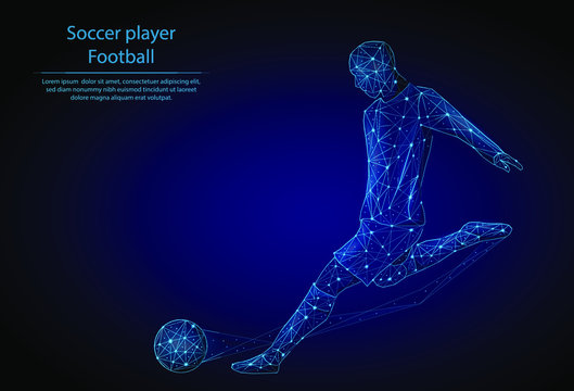 Abstract image Soccer player in the form of a starry sky or space, consisting of points, lines, and shapes in the form of planets, stars and the universe. 3D Low poly vector. Game of football.